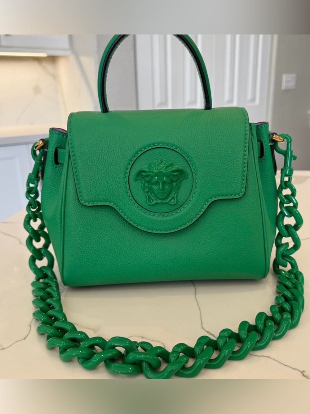 Versace Emerald Green Leather Top-Handle Satchel with Chain Detail